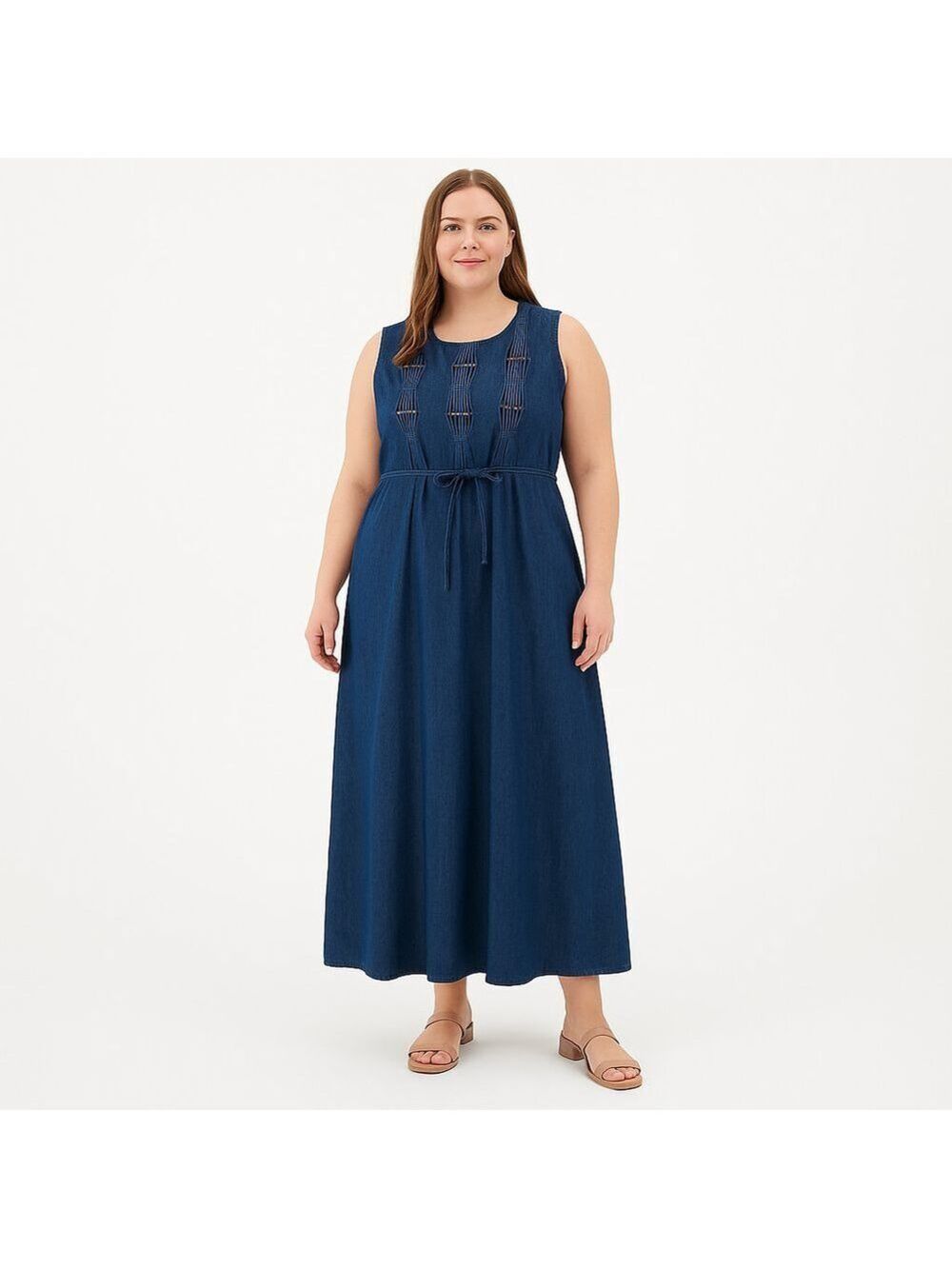 Vintage 90s Sleeveless Denim Maxi Dress Pleated Embroidered 100% Cotton Boho, 14